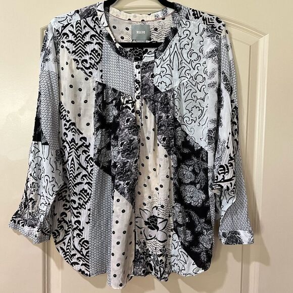 ANTHROPOLOGIE MAEVE Linden Floral Patchwork Dolman Popover Blk/Blu/Wht Size Med - Picture 3 of 8
